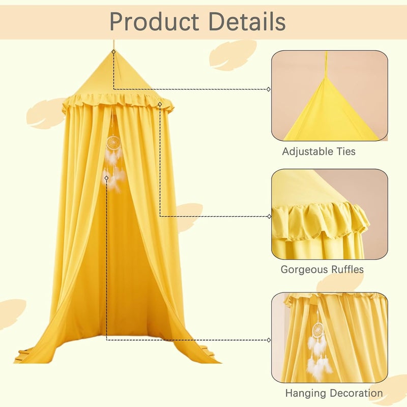 Akiky Kids Bed Canopy for Crib & Twin Size with Ruffles Dreamcatcher, Boys Princess Girls Nursery Room Decor Toddler Baby Dome Round Hanging Tent Curtains Skirt Over Bed Reading Nook Play Yellow - Image 4